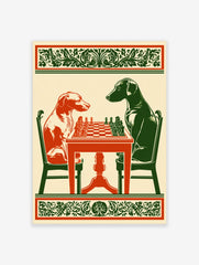 Vintage style illustration of a red dog and a green dog playing chess at a table with ornate borders