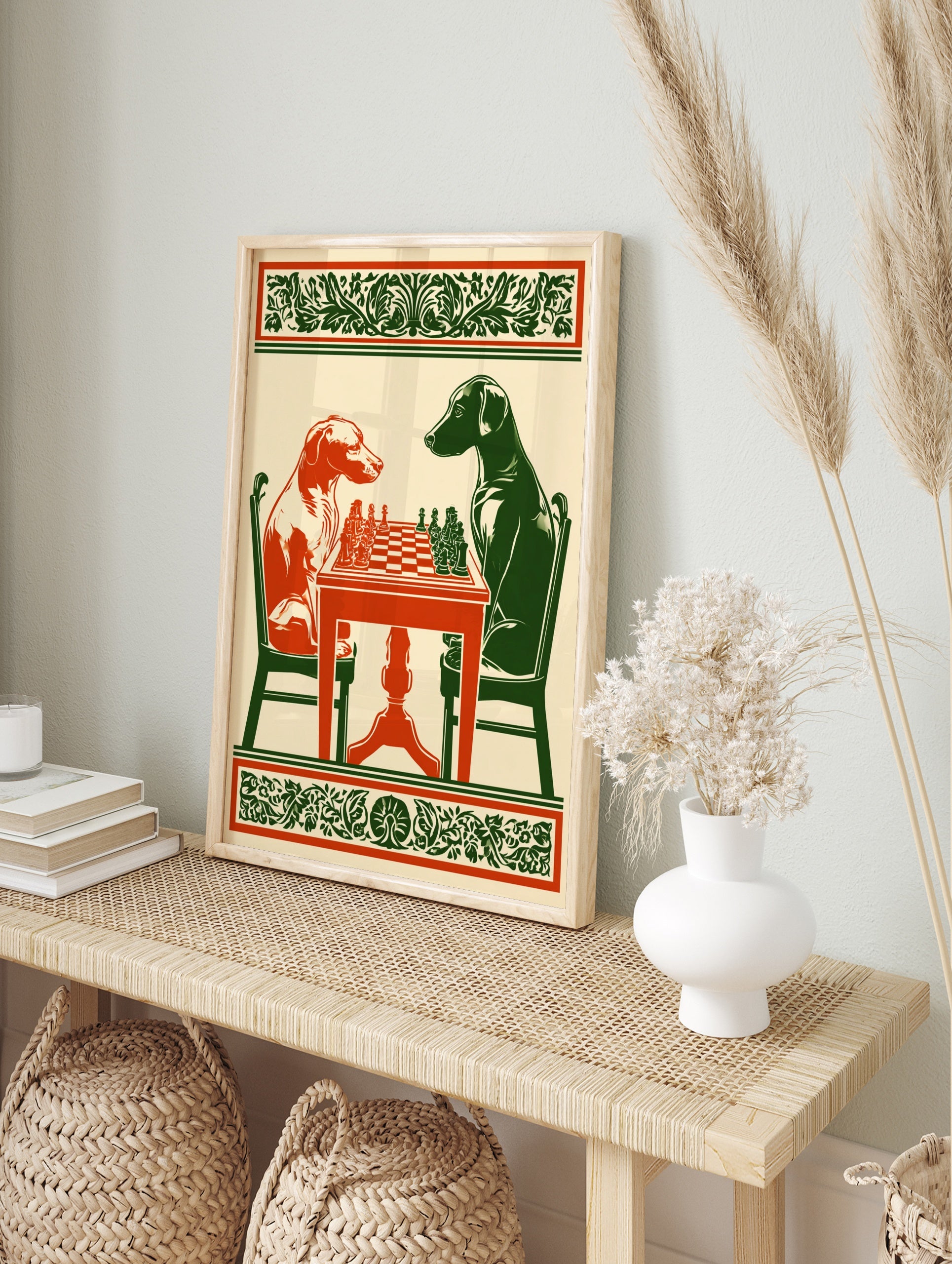 Vintage style illustration of a red dog and a green dog playing chess at a table with ornate, in an alternate framed mockup