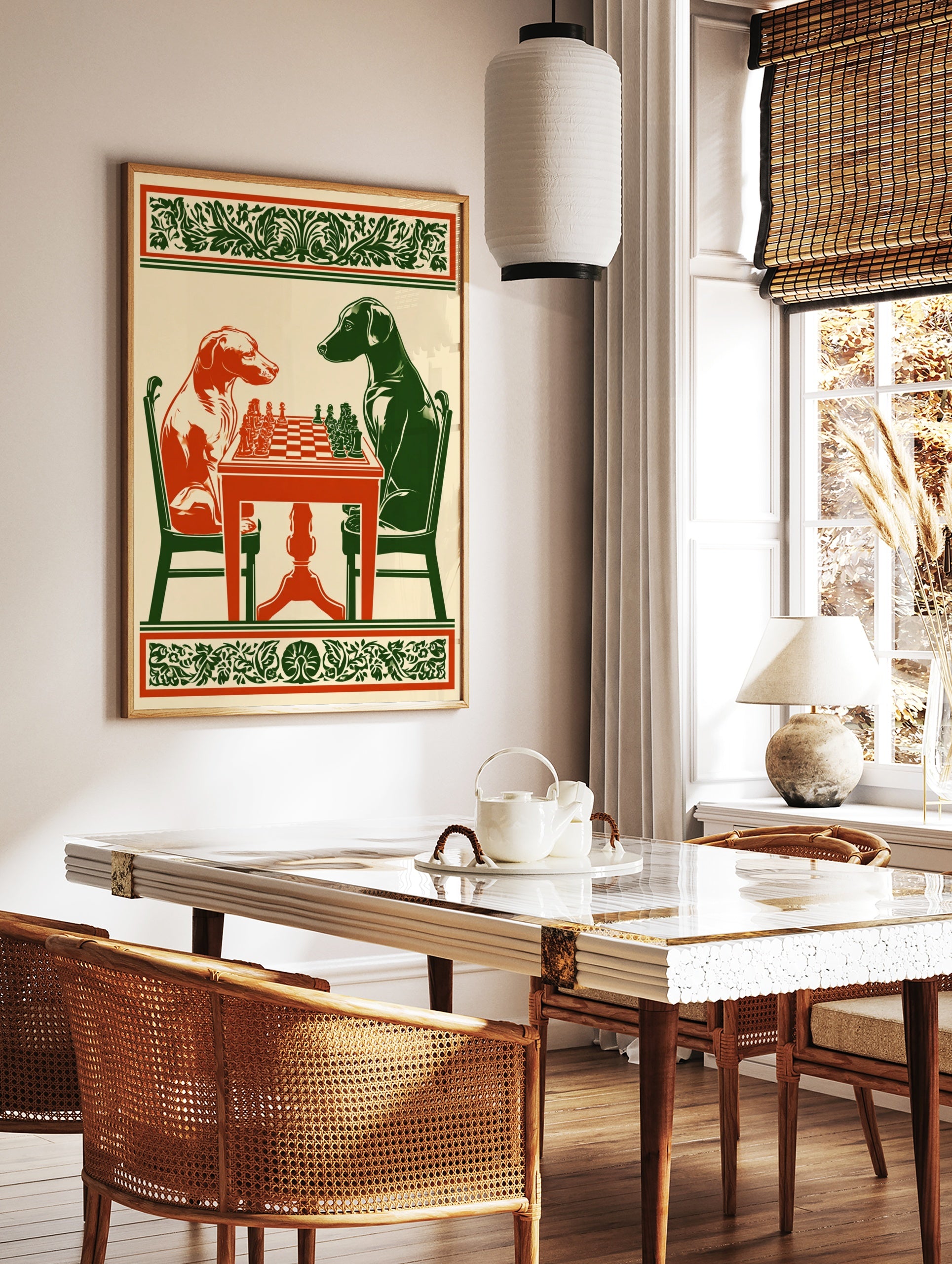 Vintage style illustration of a red dog and a green dog playing chess at a table with ornate borders, in a styled room mockup