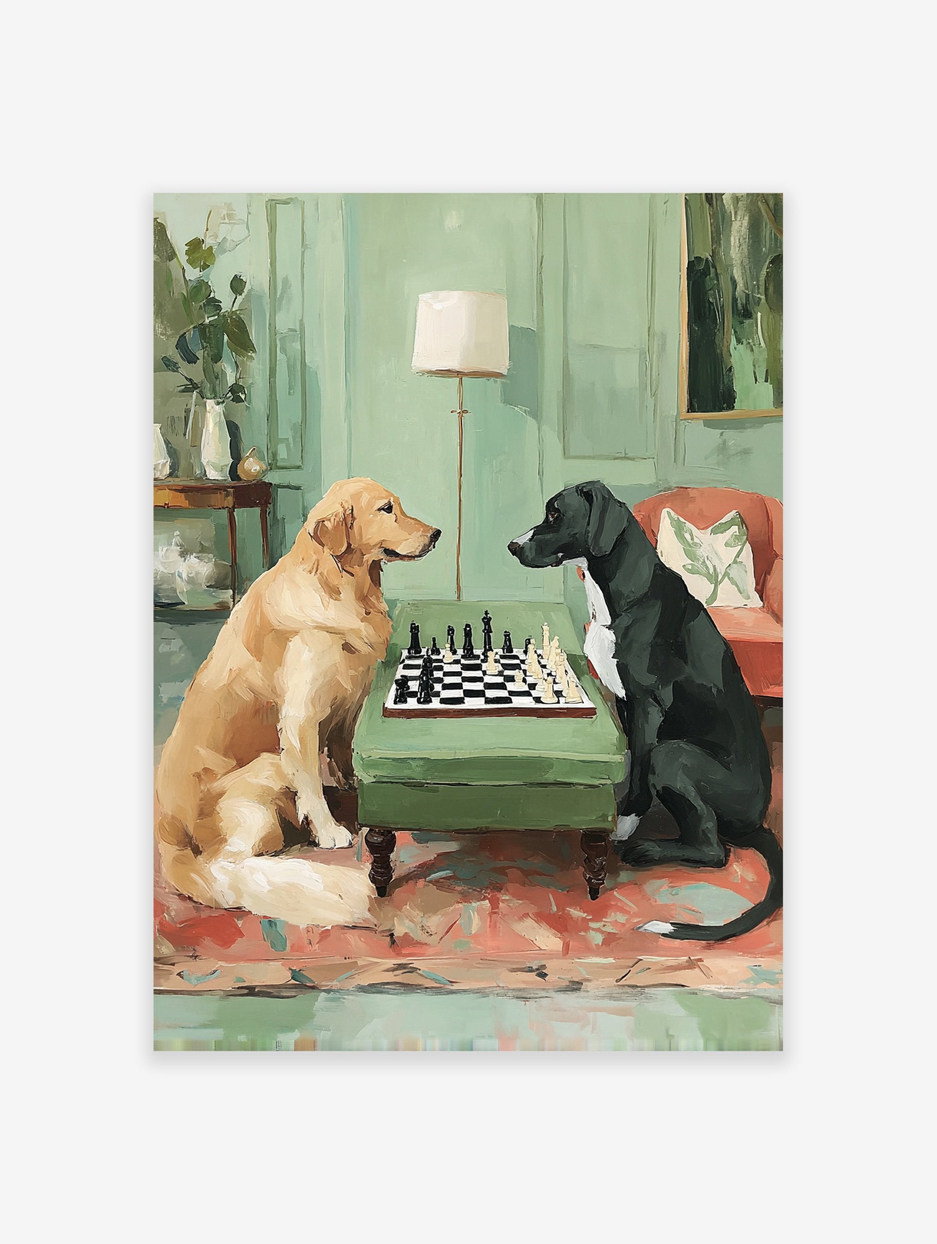 Painting of a golden retriever and a black dog playing chess on a green table with a green room background.