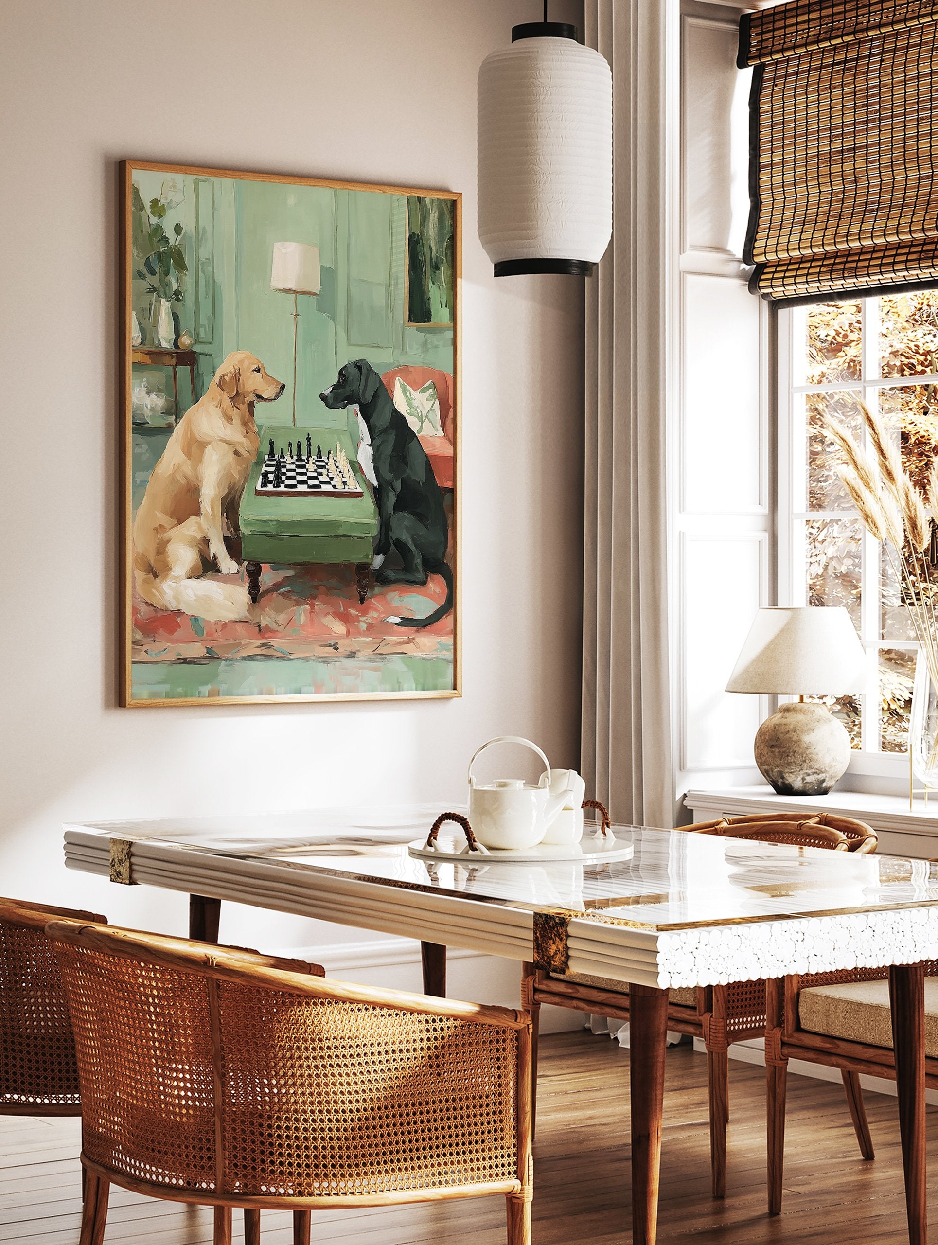 Painting of a golden retriever and a black dog playing chess on a green table with a green room background. - Image 2