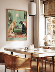 Painting of a golden retriever and a black dog playing chess on a green table with a green room background. - Image 2