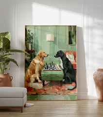 Painting of a golden retriever and a black dog playing chess on a green table with a green room background. - Image 3
