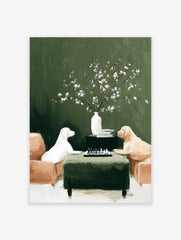 Illustrative print of two dogs, a white Labrador and a golden retriever, playing chess on a green table