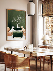 Illustrative print of two dogs, a white Labrador and a golden retriever, playing chess on a green, in a styled room mockup