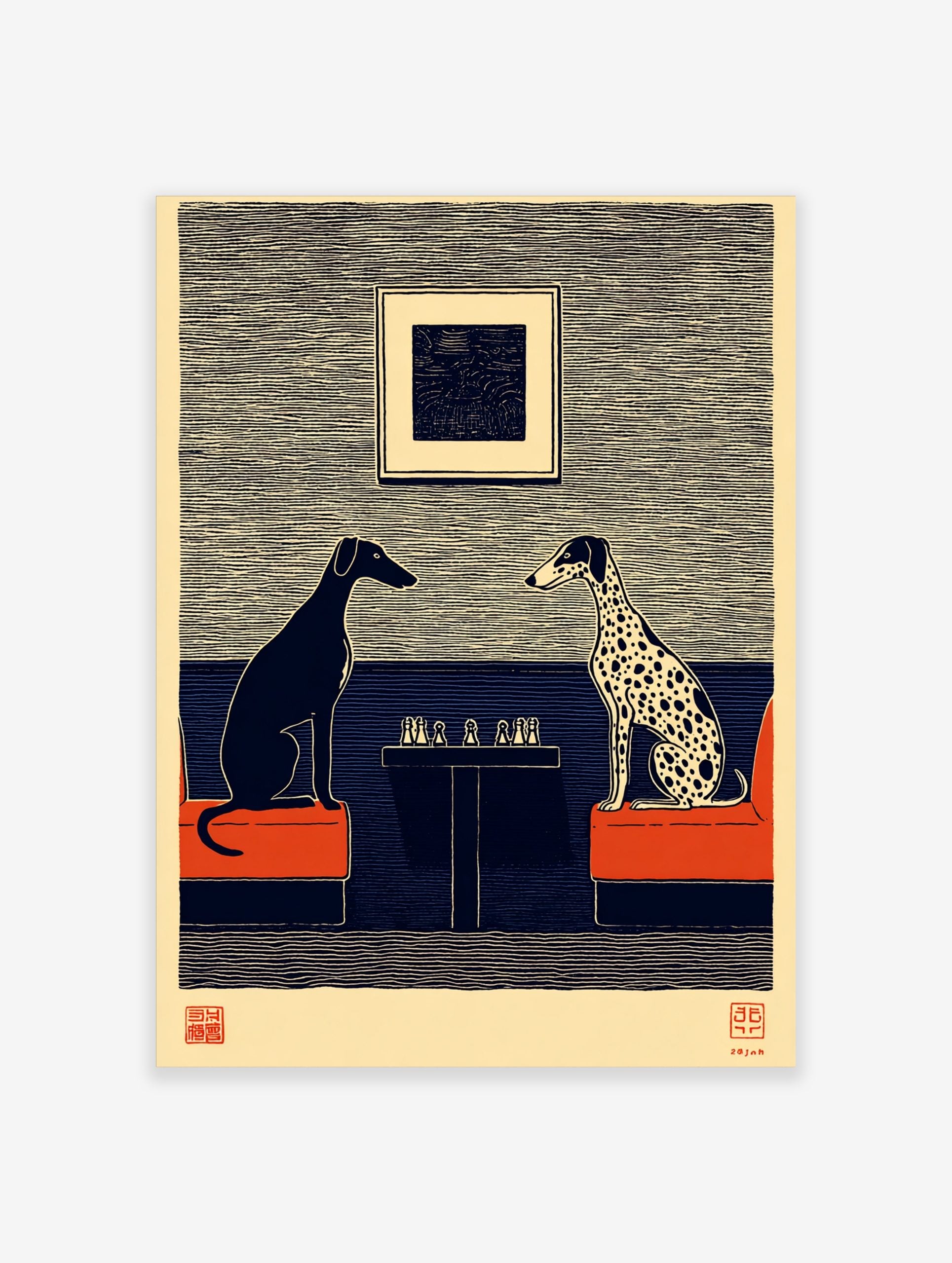 Illustrative print of black greyhound and spotted dalmatian playing chess on red sofas, blue and beige wall