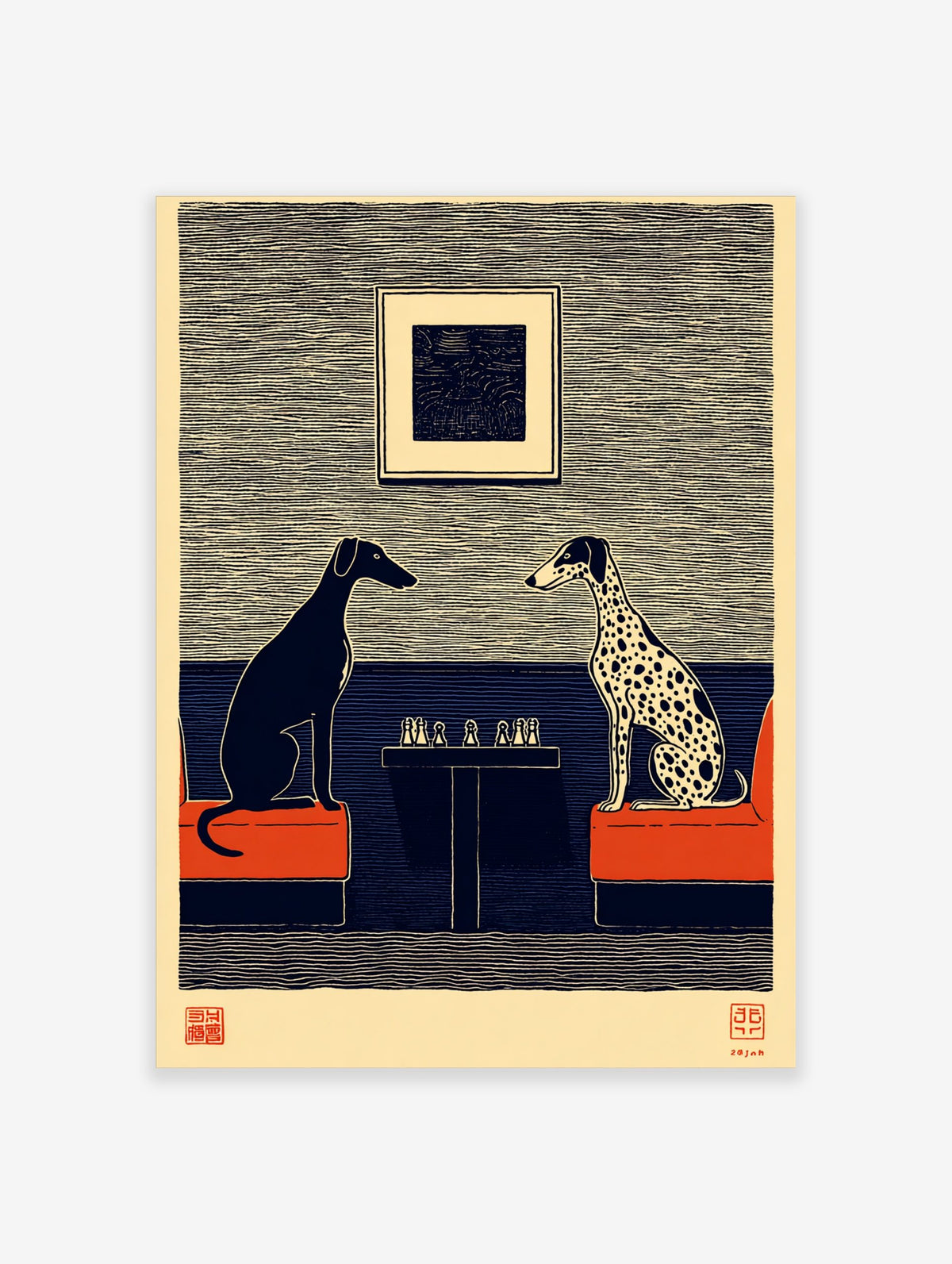 Illustrative print of black greyhound and spotted dalmatian playing chess on red sofas, blue and beige wall