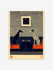 Illustrative print of black greyhound and spotted dalmatian playing chess on red sofas, blue and beige wall