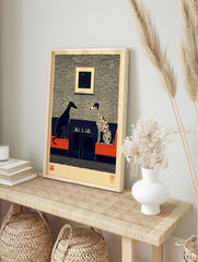 Illustrative print of black greyhound and spotted dalmatian playing chess on red sofas, blue, in an alternate framed mockup