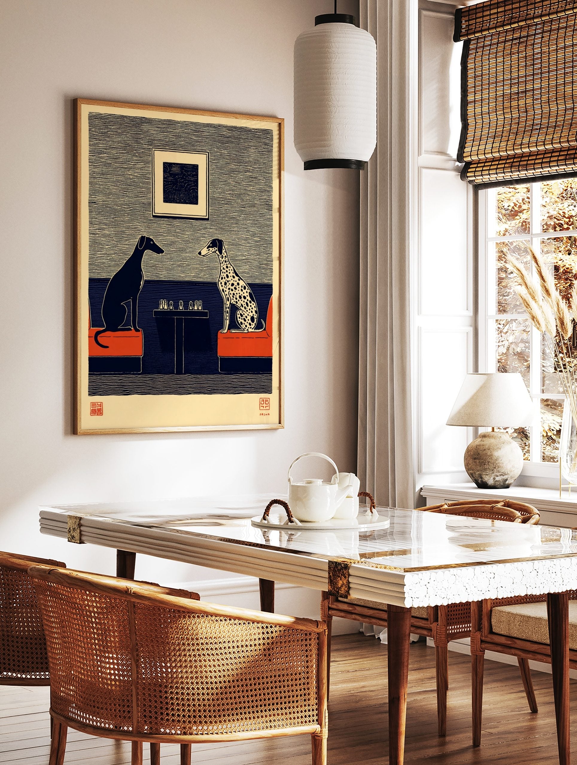 Illustrative print of black greyhound and spotted dalmatian playing chess on red sofas, blue and, in a styled room mockup