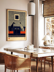 Illustrative print of black greyhound and spotted dalmatian playing chess on red sofas, blue and, in a styled room mockup