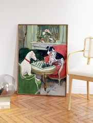 Painting of two dogs, one white, one spotted, playing chess on a table in an elegant room with a fireplace. - Image 2
