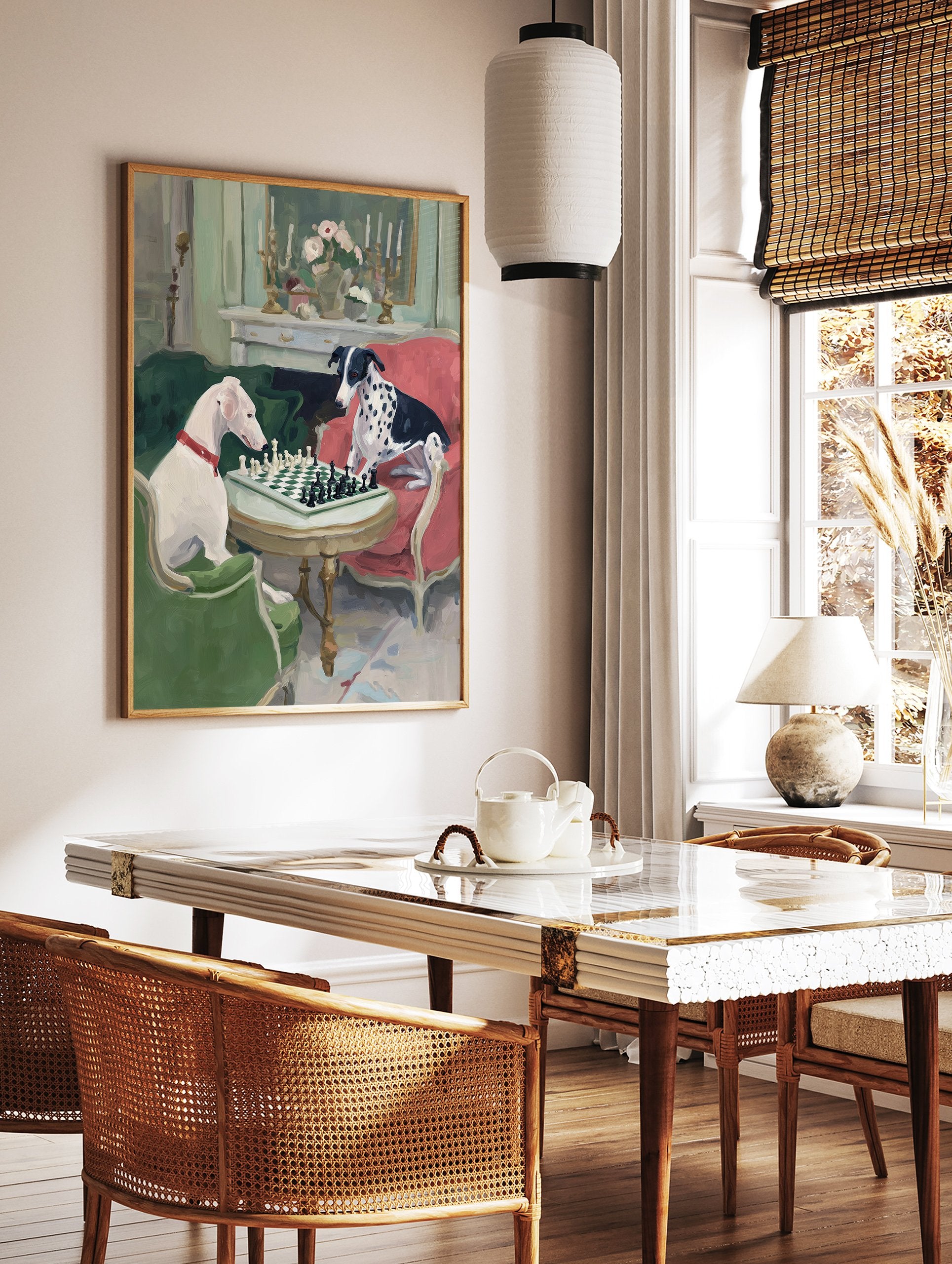 Painting of two dogs, one white, one spotted, playing chess on a table in an elegant room with a fireplace. - Image 3