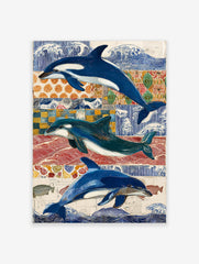 Three blue and white dolphins and orcas swimming against a collage of blue, red, and orange Japanese patterns