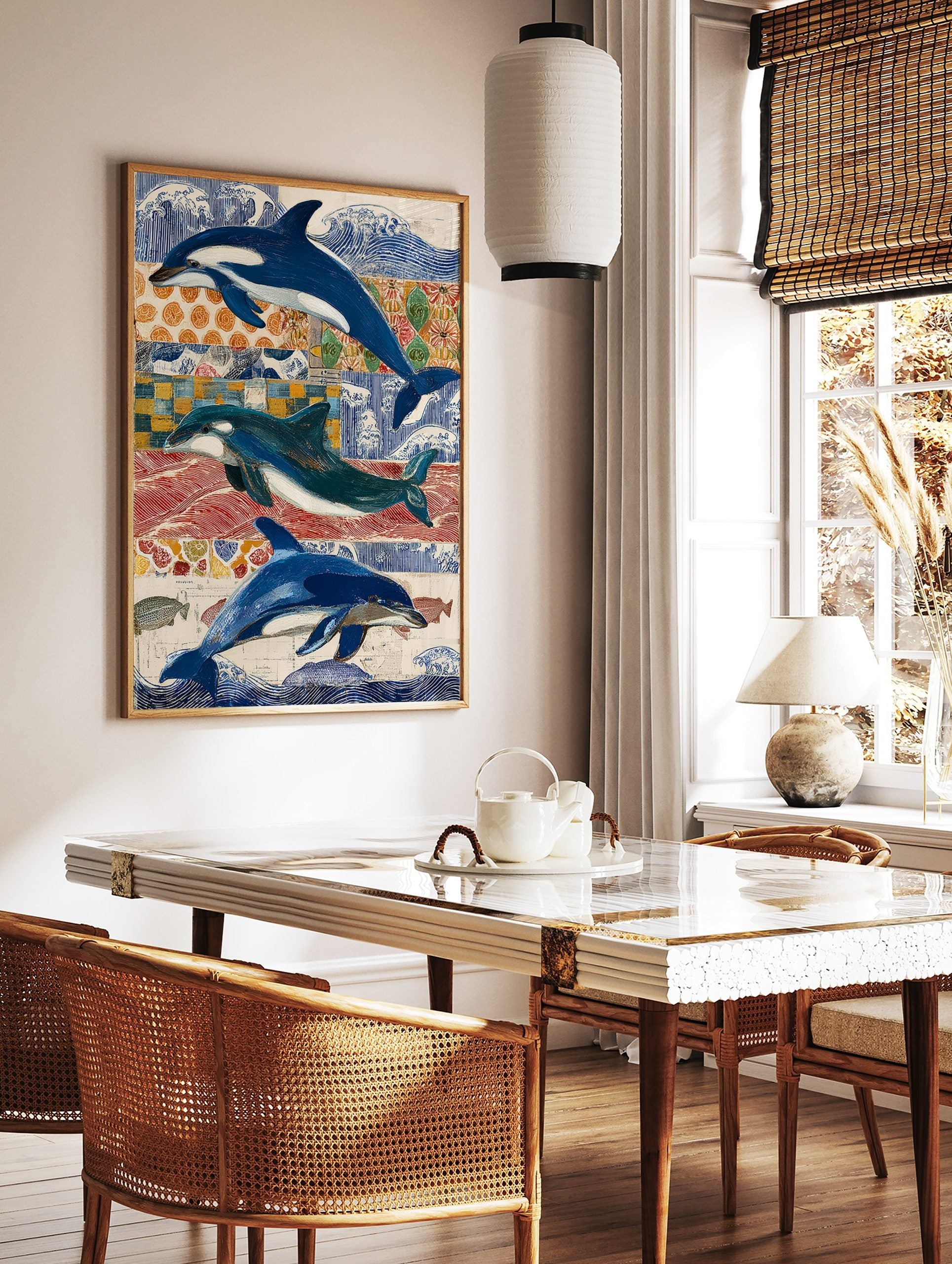 Three blue and white dolphins and orcas swimming against a collage of blue, red, and orange, in a styled room mockup