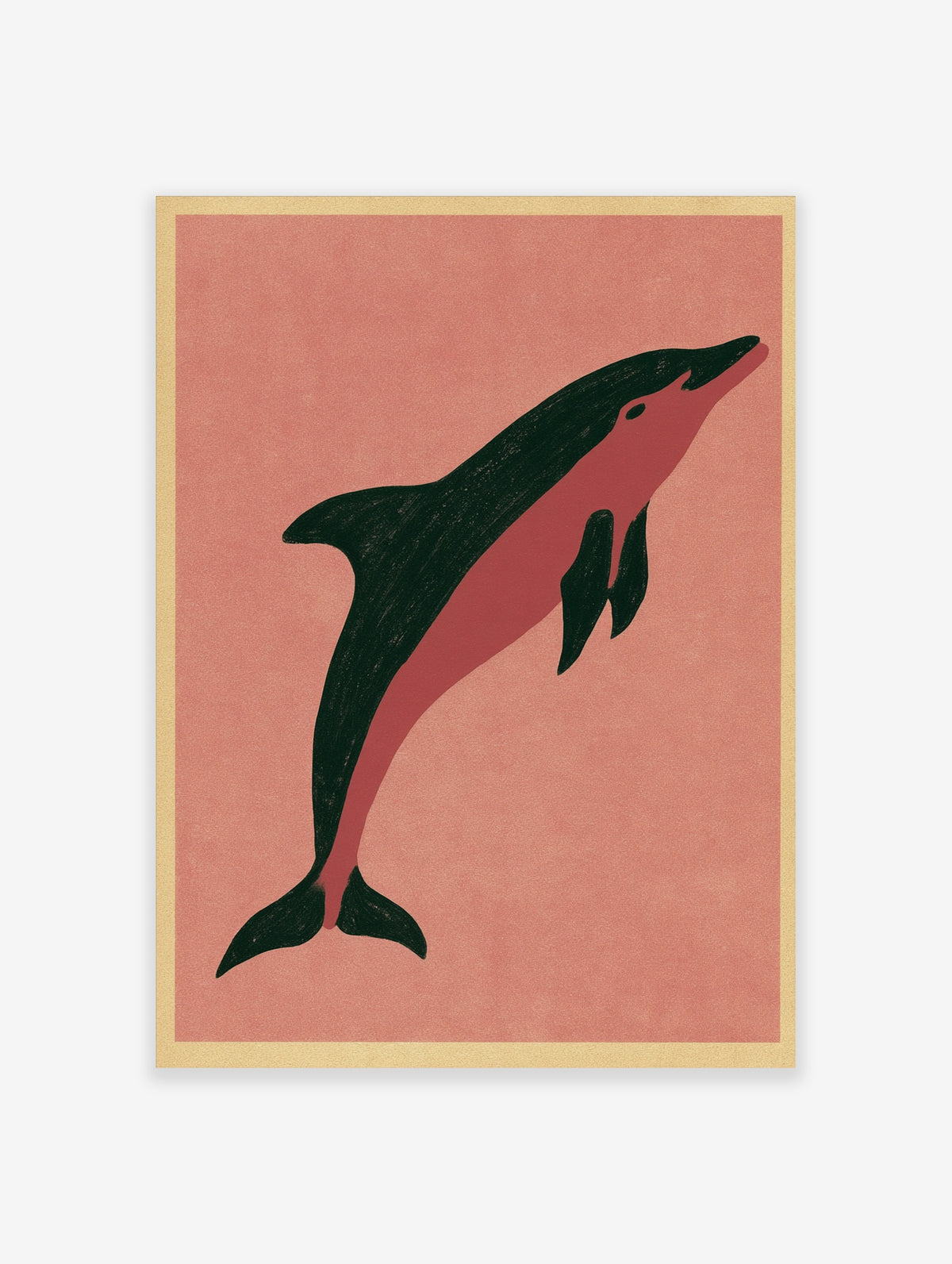 Minimalist dolphin illustration art print with dark green and pink colours on a beige background