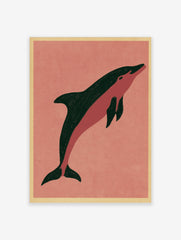 Minimalist dolphin illustration art print with dark green and pink colours on a beige background