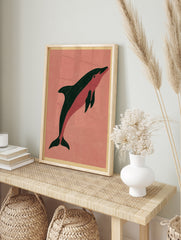 Minimalist dolphin illustration art print with dark green and pink colours on a beige, in an alternate framed mockup