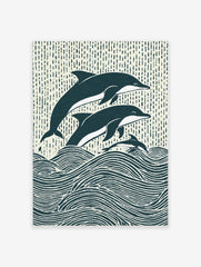 Illustrative woodcut-style print of three navy and white dolphins leaping from ocean waves