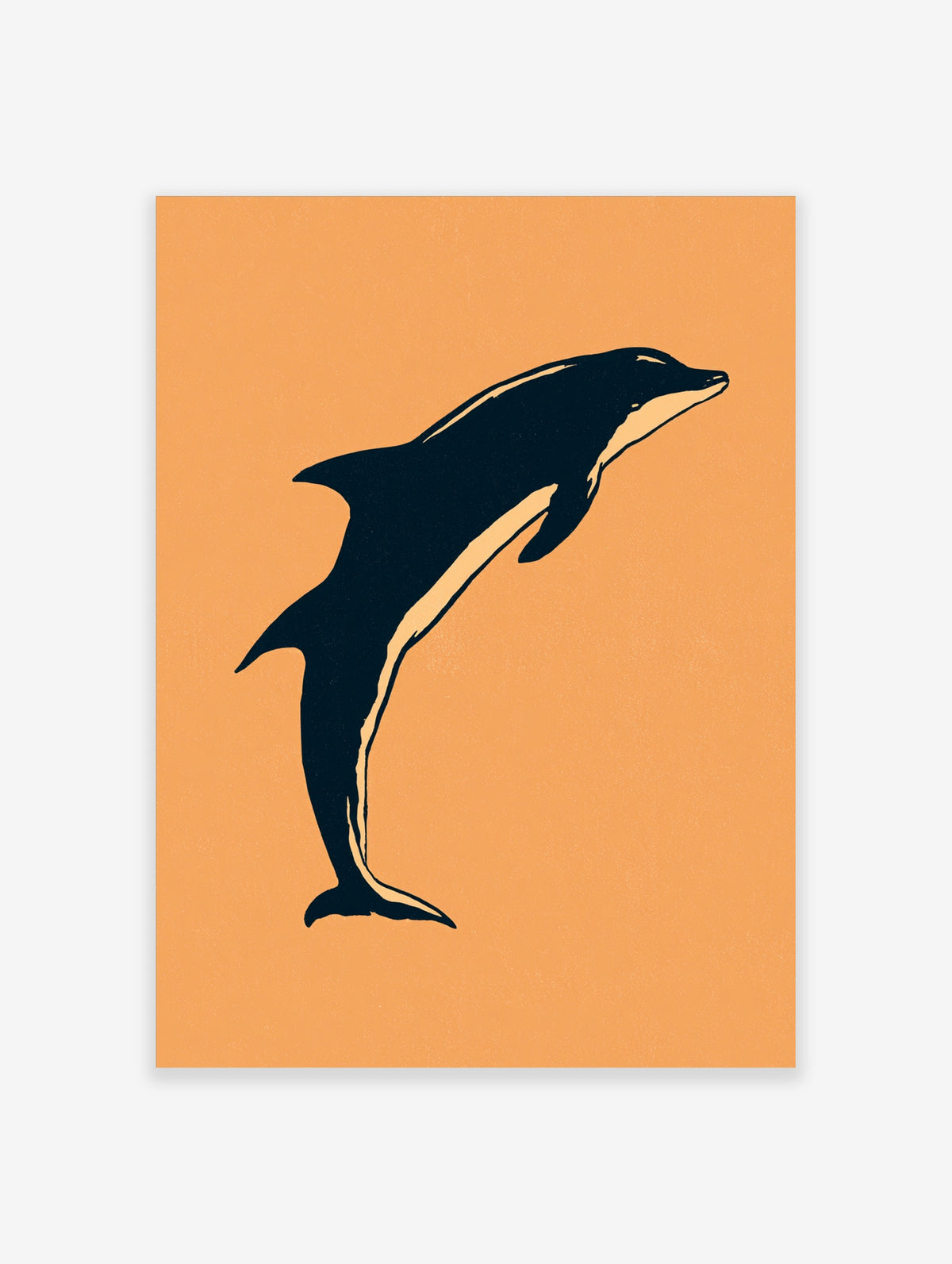 Navy blue dolphin leaping across a warm orange background, modern animal poster print