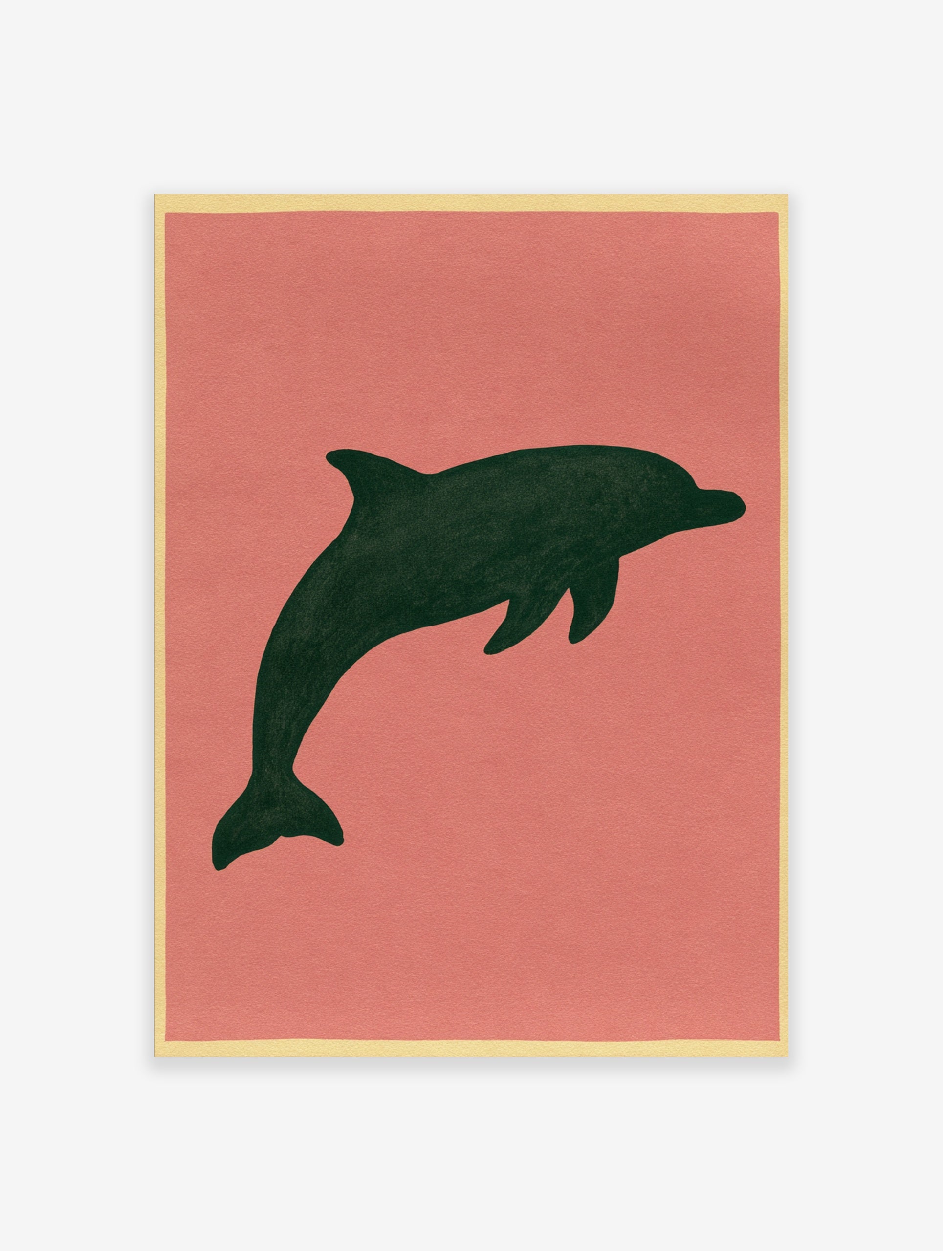 Minimalist dark green dolphin silhouette illustration on a muted pink background, unframed paper wall art print