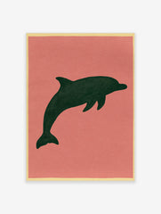 Minimalist dark green dolphin silhouette illustration on a muted pink background, unframed paper wall art print