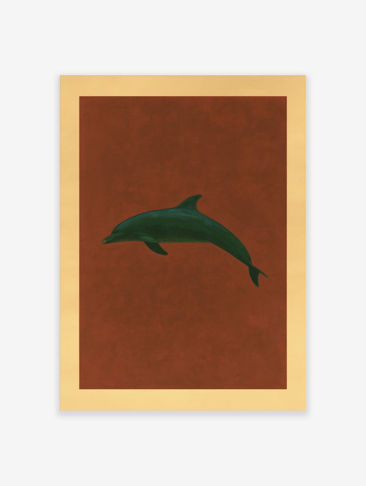 Minimalist dark green dolphin illustration on a textured terracotta background with a light tan border