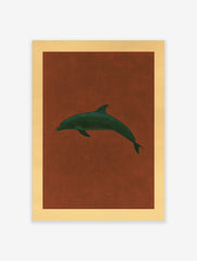 Minimalist dark green dolphin illustration on a textured terracotta background with a light tan border