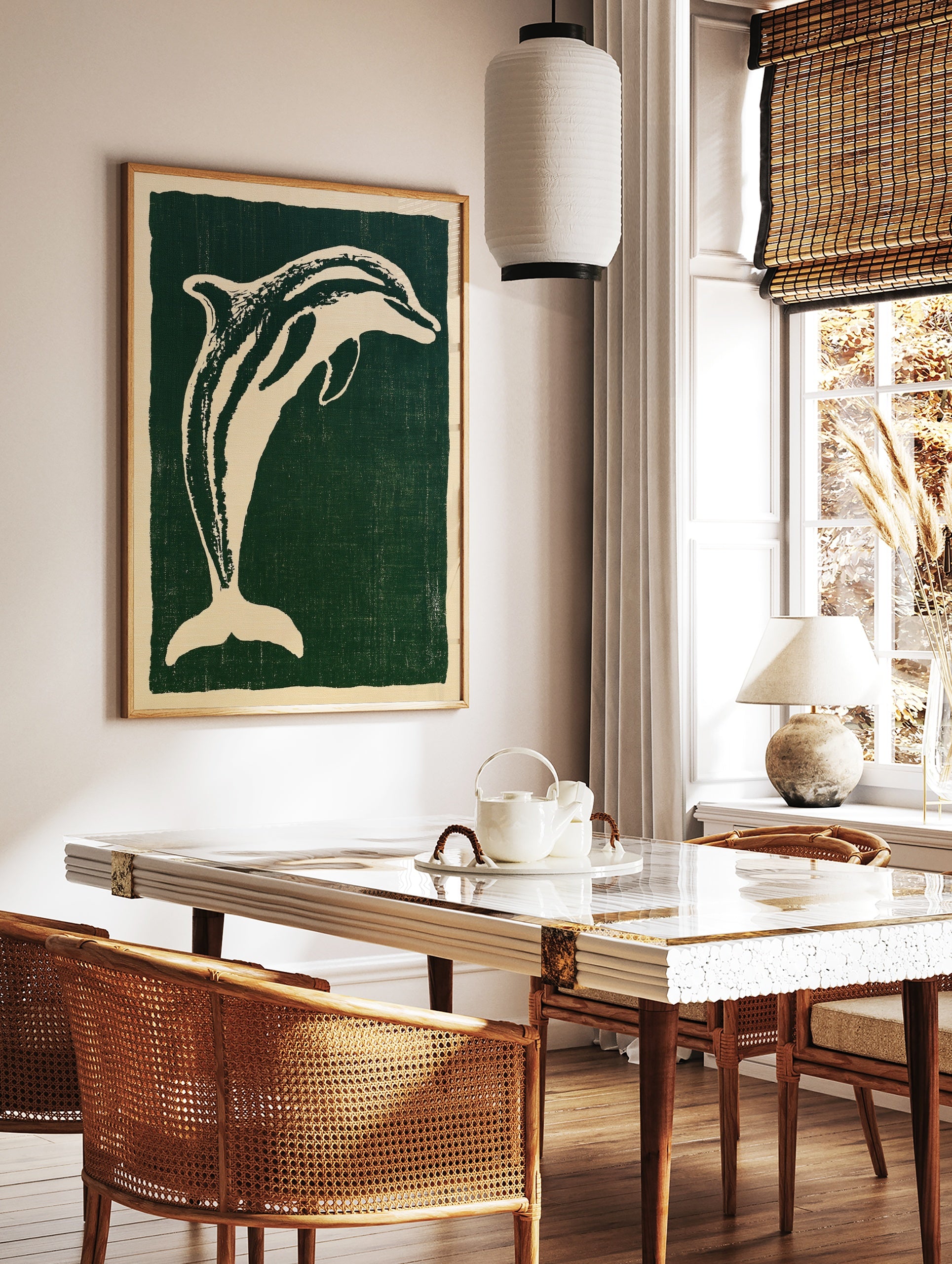 Stylised cream dolphin illustration on a deep green background, illustrative animal wall art print, in a styled room mockup