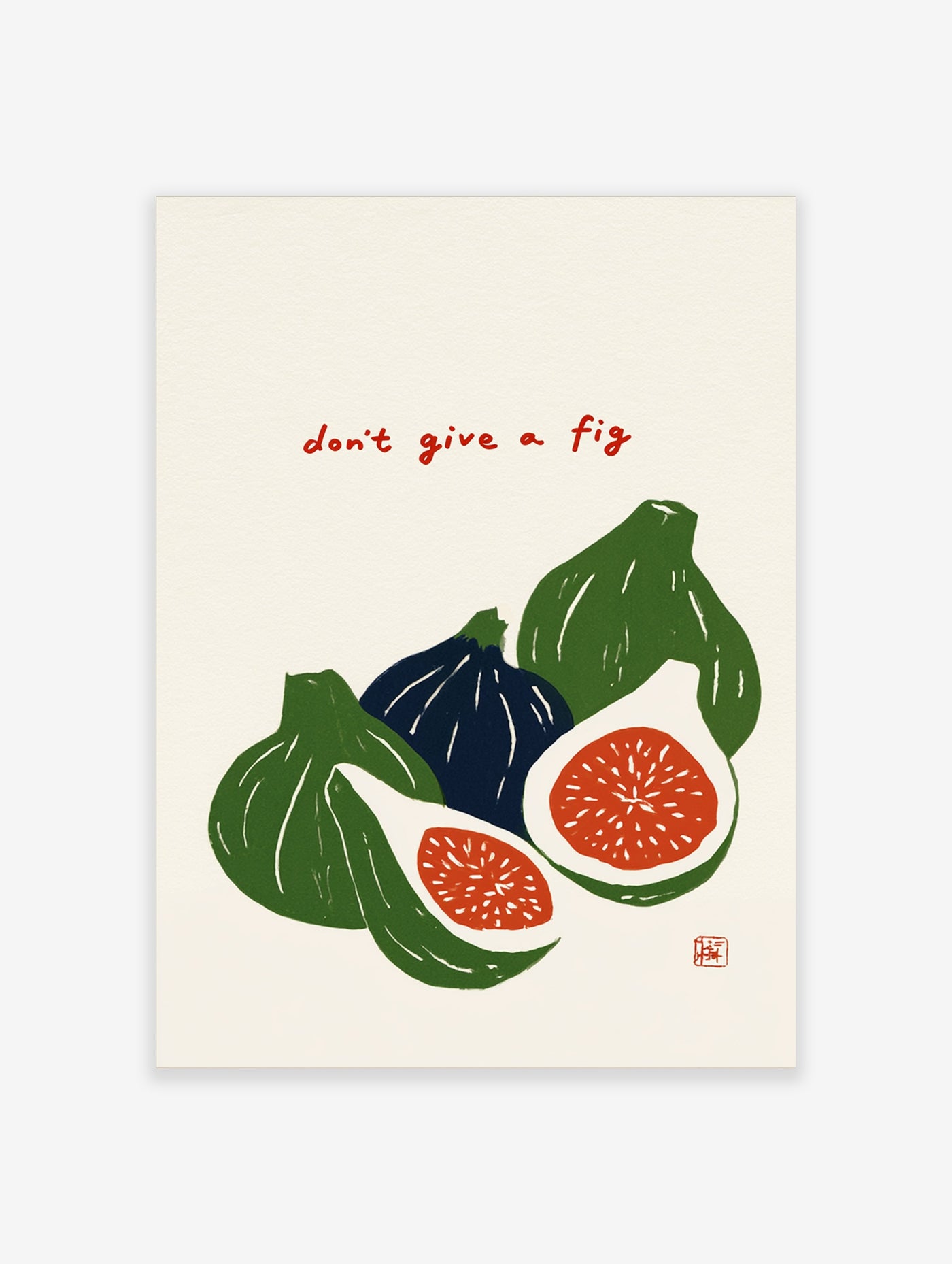 Illustrative fig wall art with two green figs and one dark purple fig on an off-white background with red text