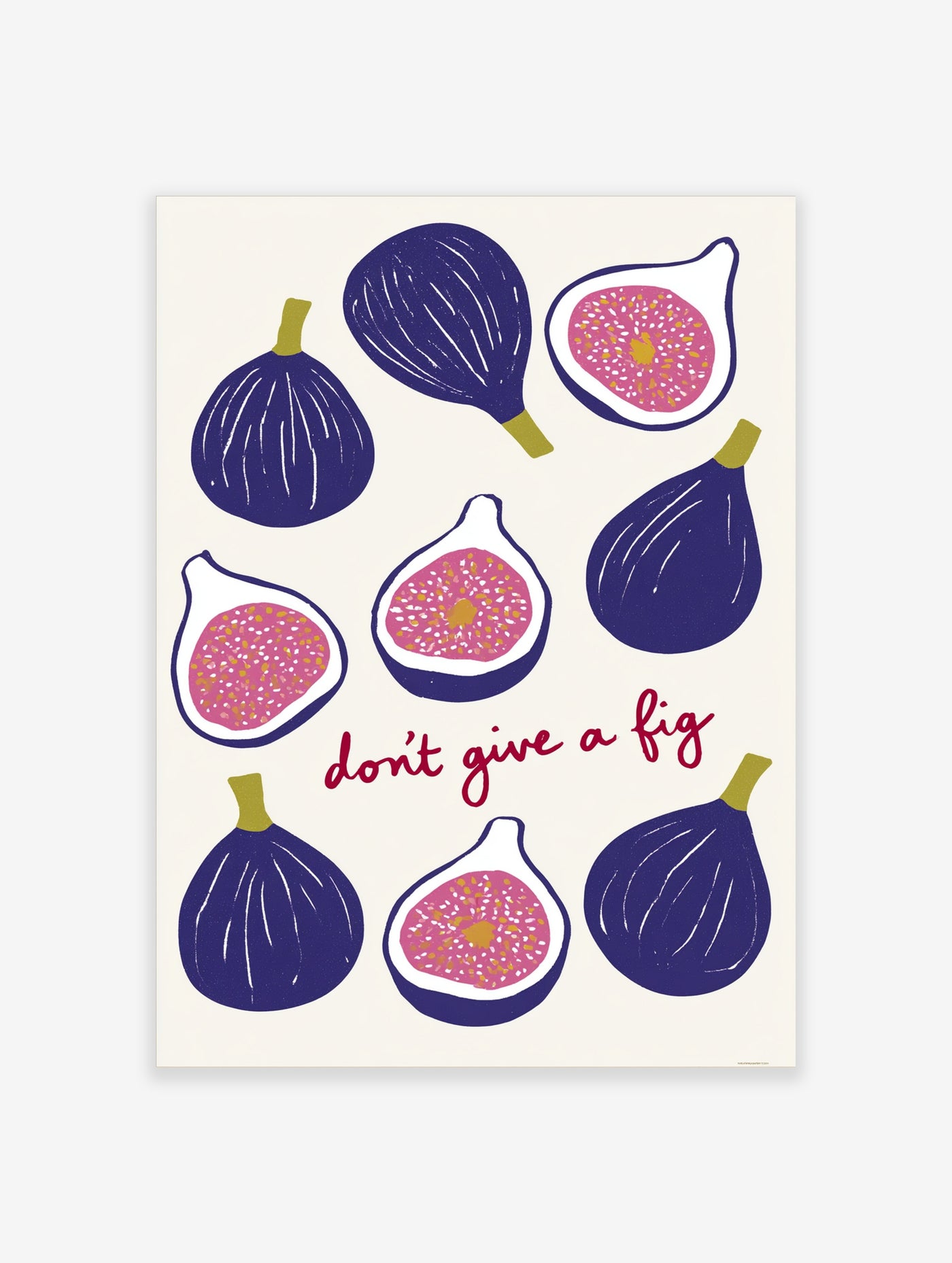 Illustrative wall art featuring purple figs and the text don't give a fig on a cream background