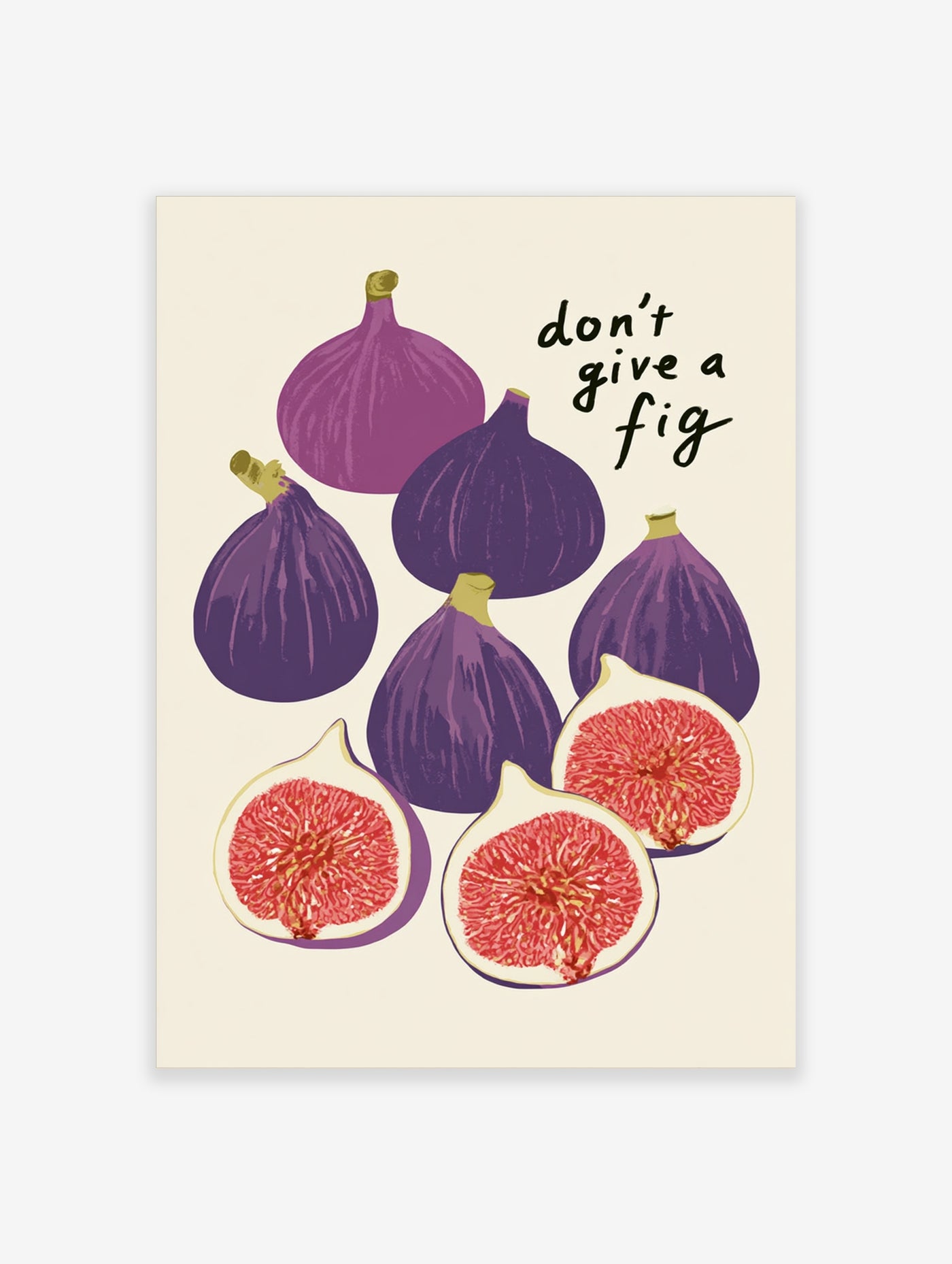 Illustration of purple figs and halved fruit with handwritten text don't give a fig on a beige background