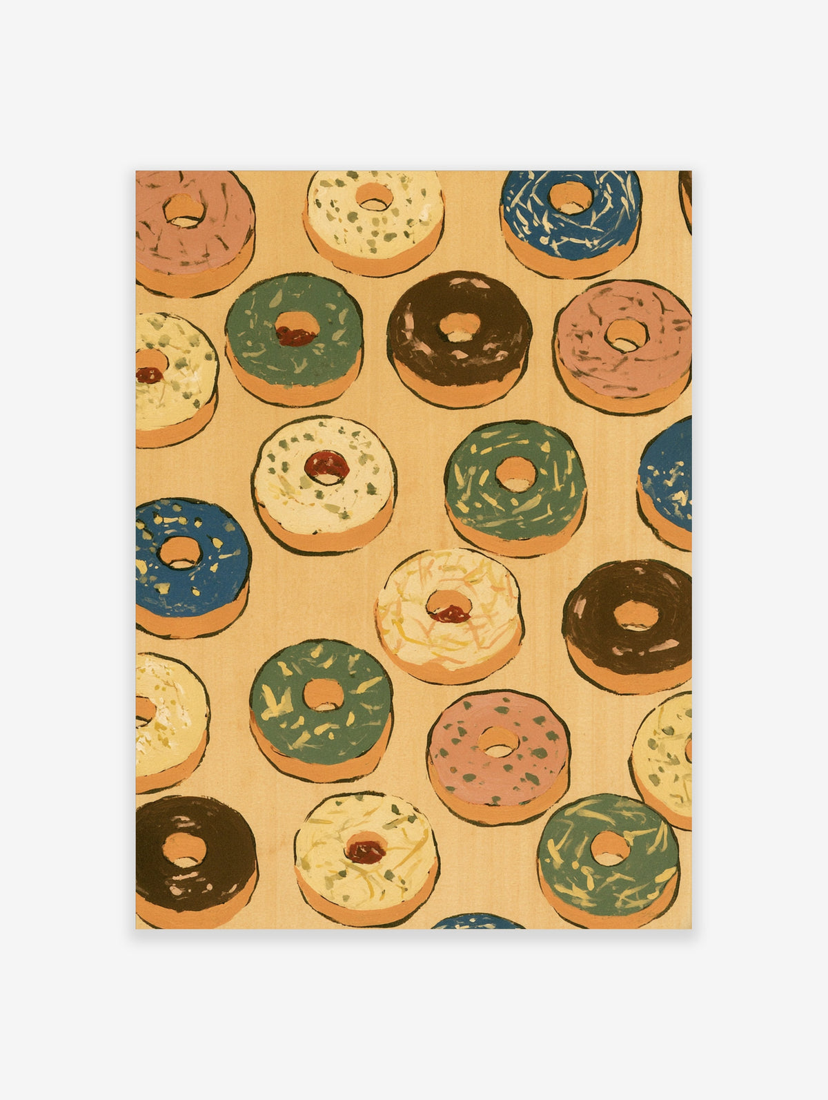 Colourful donut wall art print with fifteen illustrated doughnuts in pink, blue, green and chocolate glazes on tan background