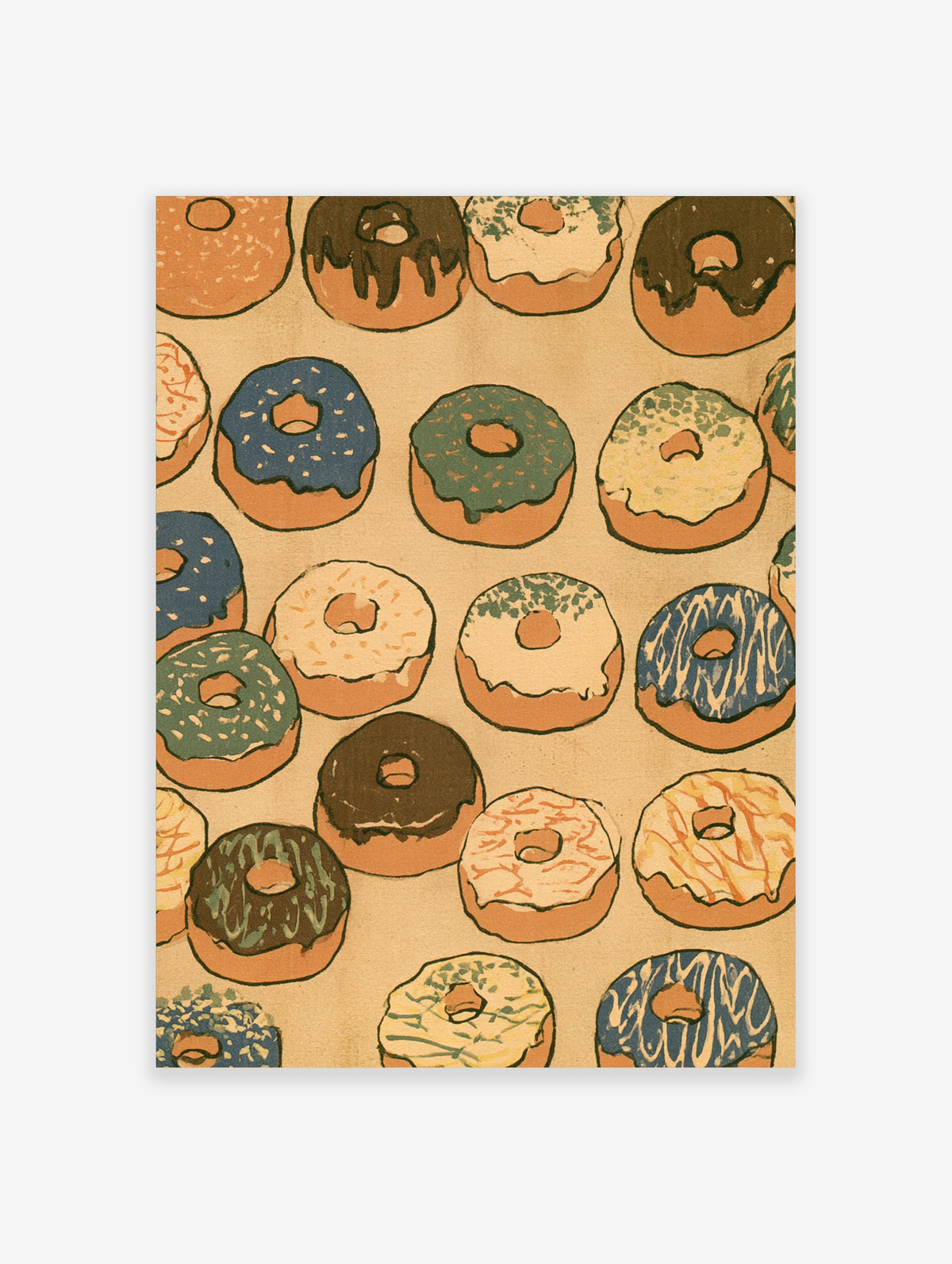 Colourful donut illustration art print with fifteen iced doughnuts on a beige background