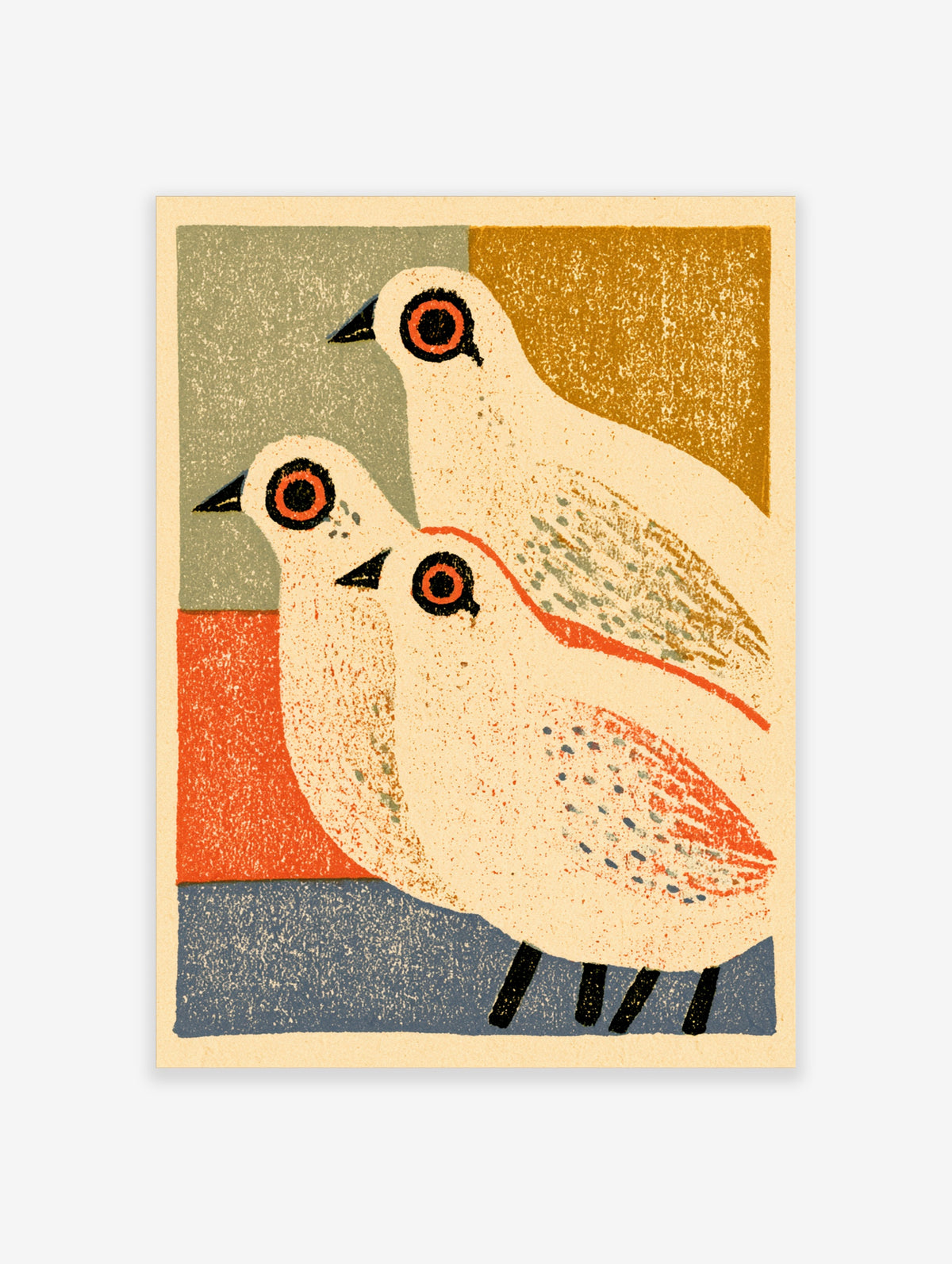 Two white doves with orange-ringed eyes and black beaks on a colour-blocked background of green, mustard, orange and blue