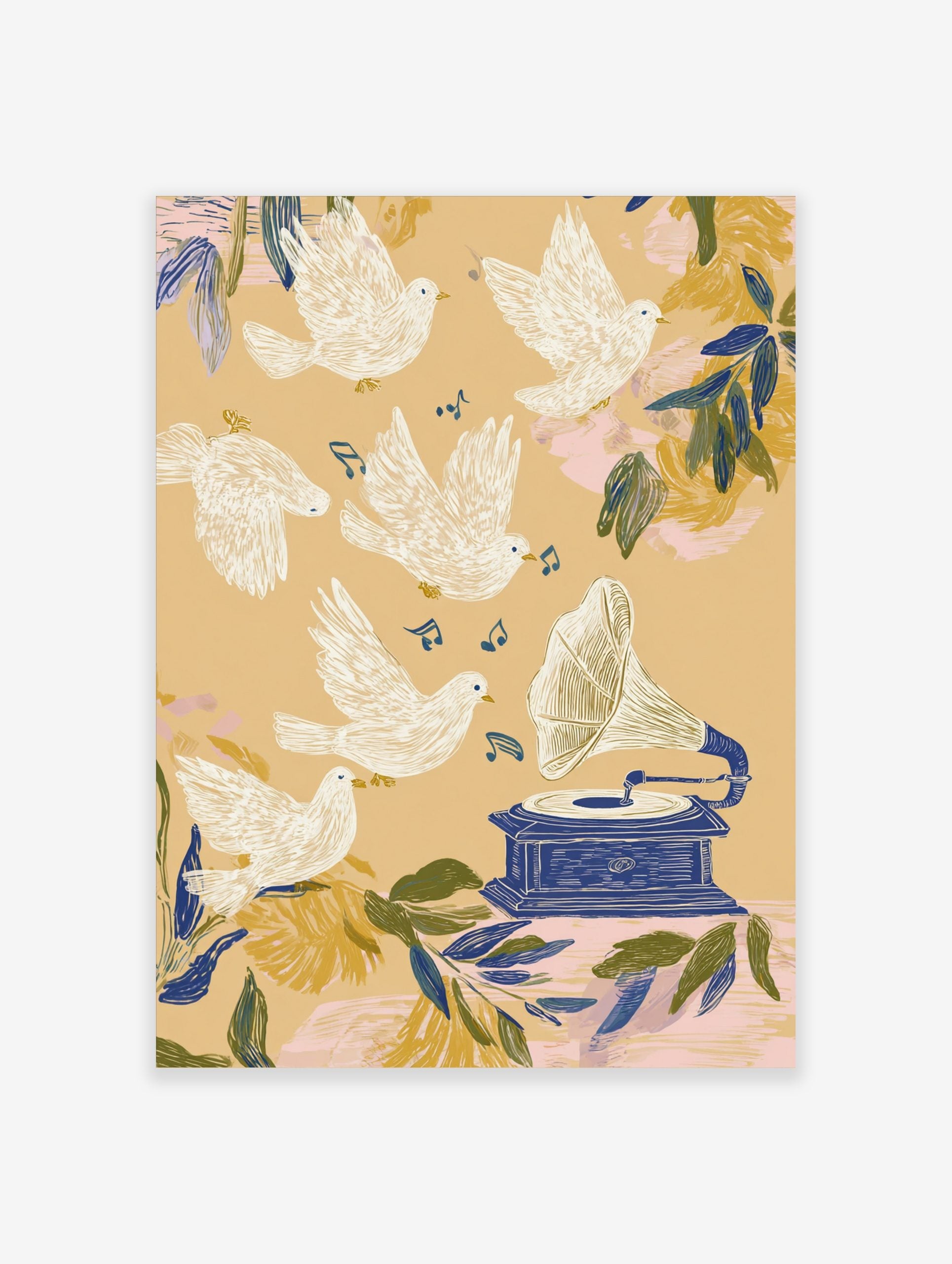 Illustrative art print with white doves flying around a blue gramophone and music notes on a beige background