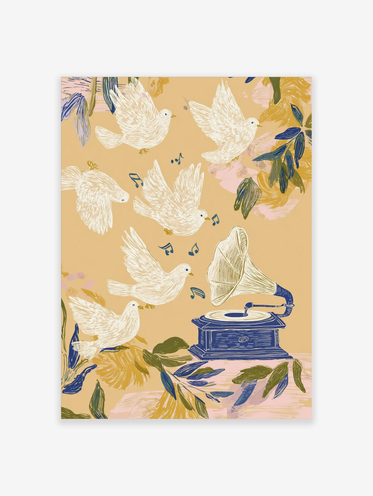 Illustrative art print with white doves flying around a blue gramophone and music notes on a beige background