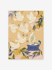 Illustrative art print with white doves flying around a blue gramophone and music notes on a beige background