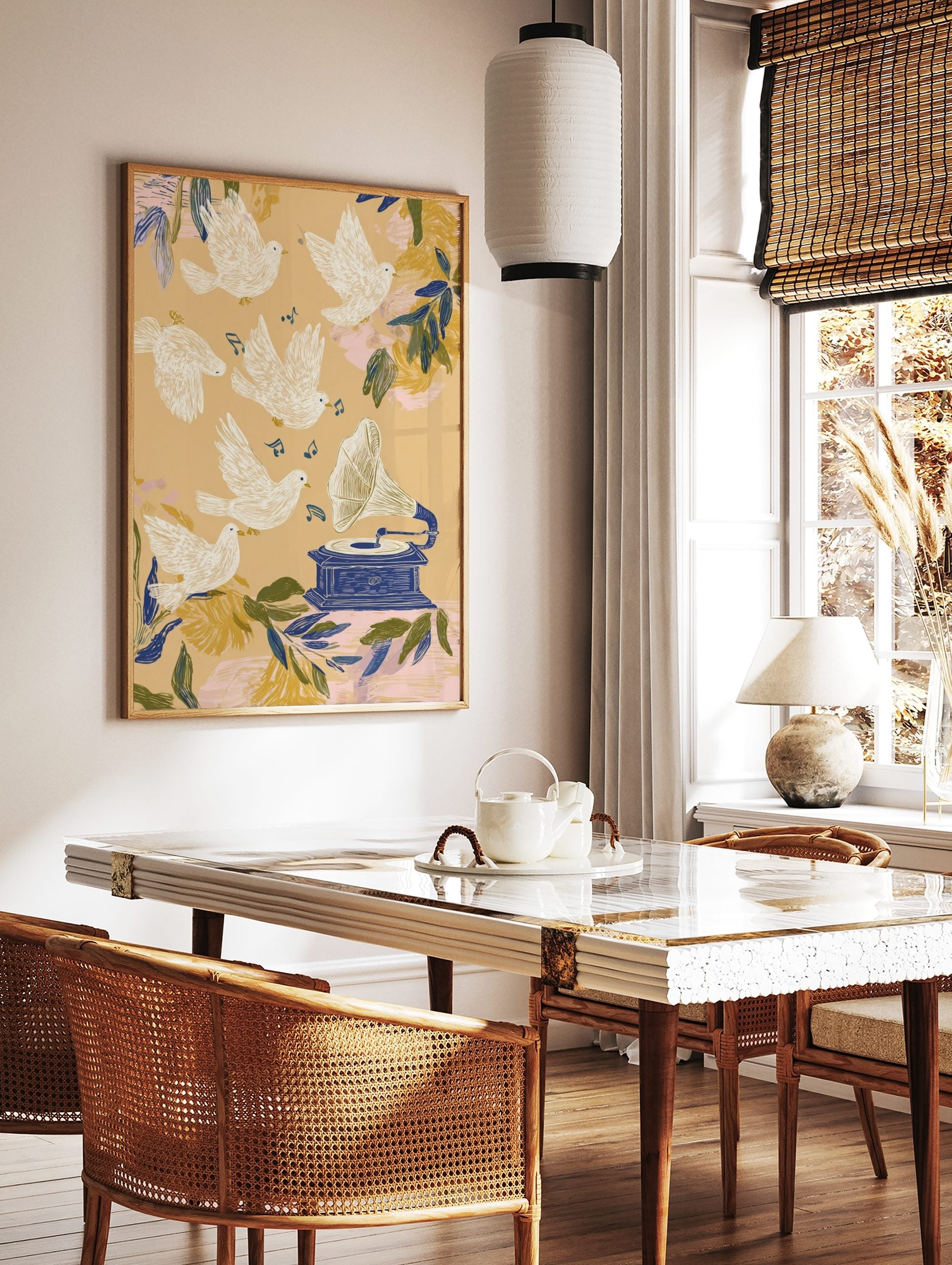 Illustrative art print with white doves flying around a blue gramophone and music notes on a beige, in a styled room mockup
