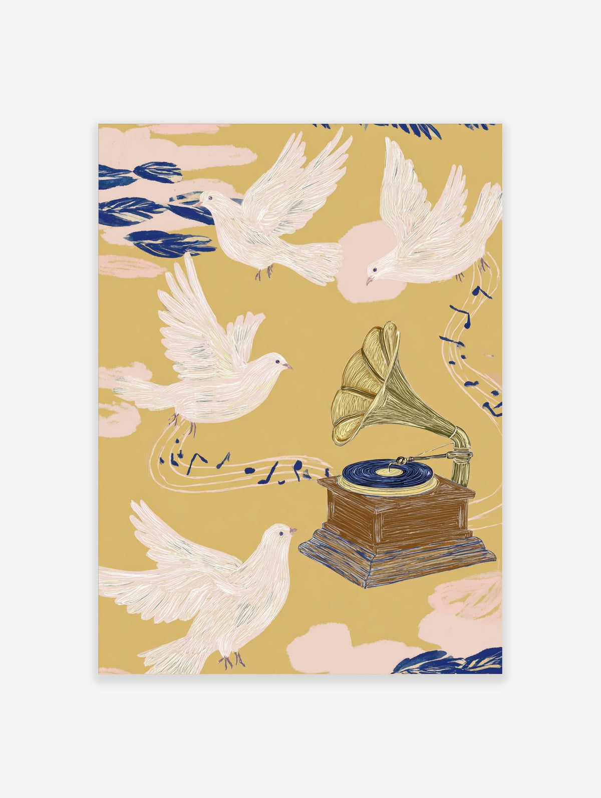 Illustrative print of white doves flying around a vintage gramophone with musical notes on yellow background