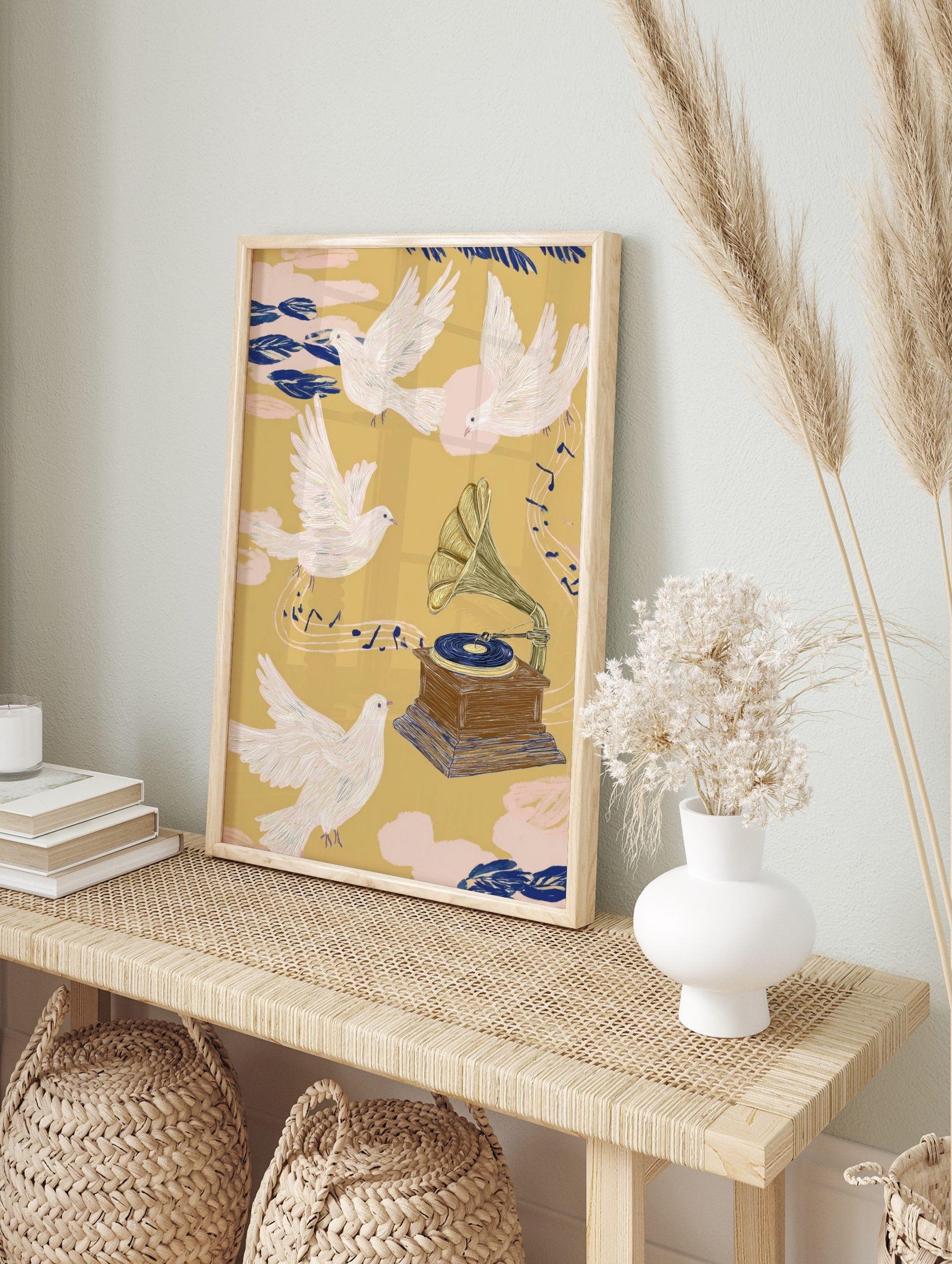 Illustrative print of white doves flying around a vintage gramophone with musical notes on, in an alternate framed mockup