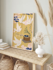 Illustrative print of white doves flying around a vintage gramophone with musical notes on, in an alternate framed mockup