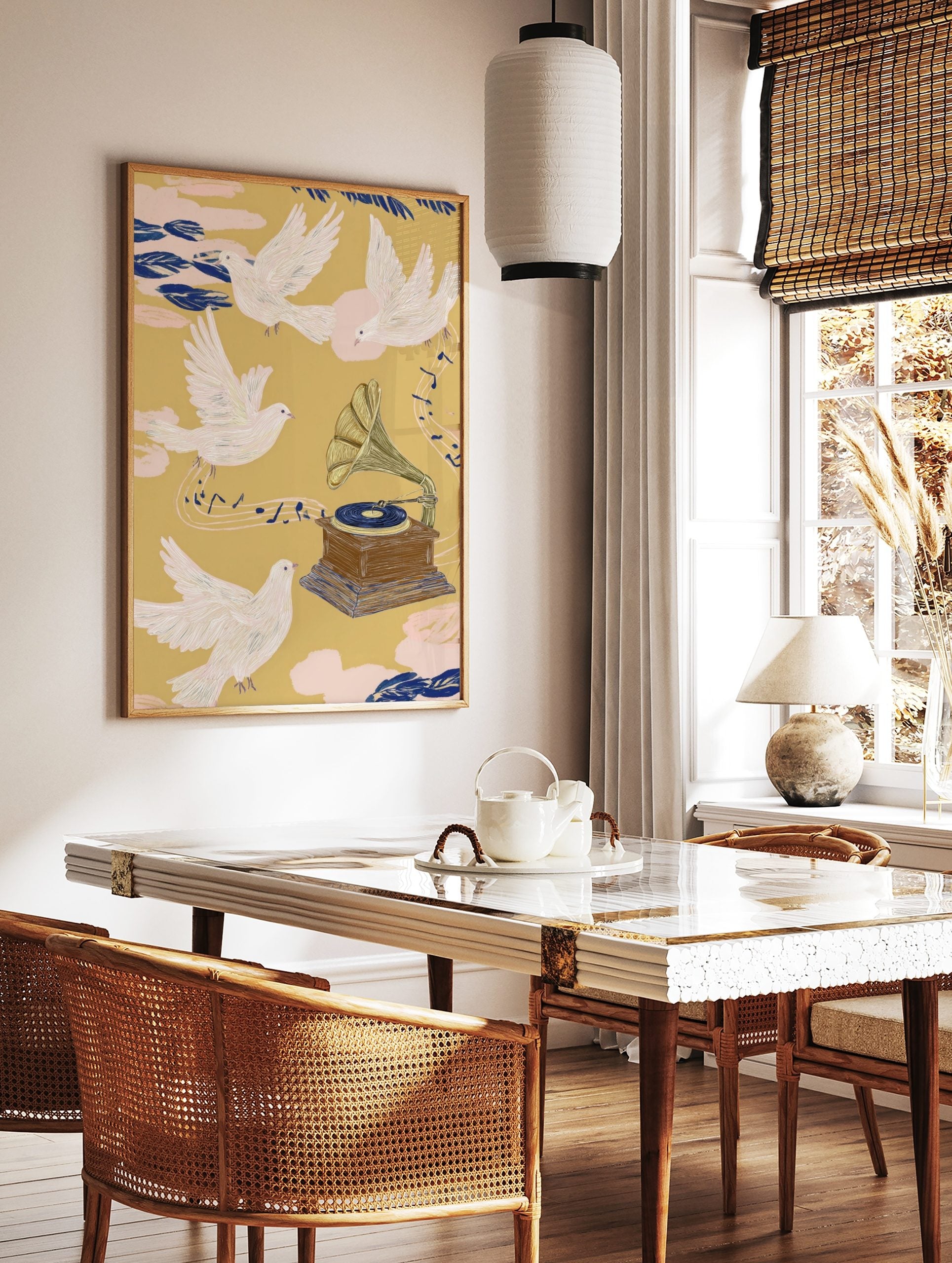 Illustrative print of white doves flying around a vintage gramophone with musical notes on yellow, in a styled room mockup