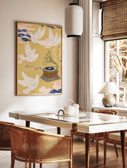 Illustrative print of white doves flying around a vintage gramophone with musical notes on yellow, in a styled room mockup