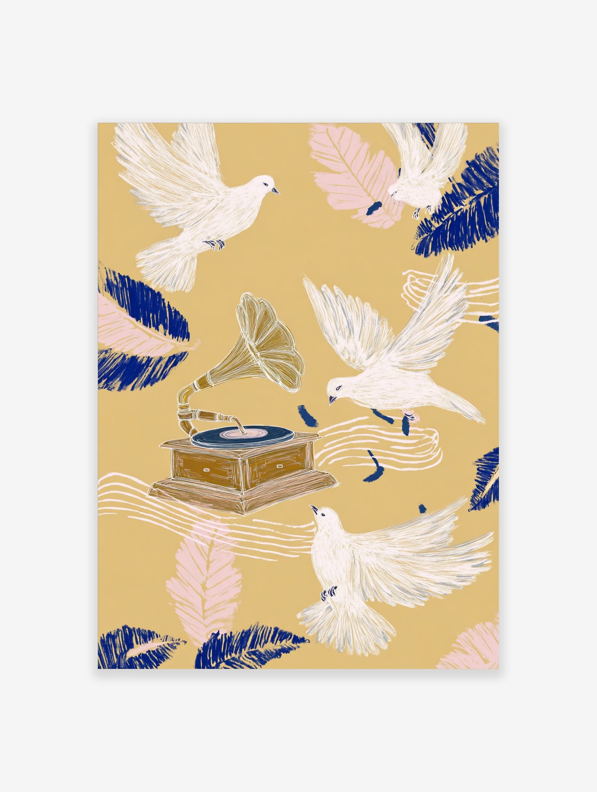 Illustrative art print with white doves flying around a vintage gramophone, blue and pink feathers, on a golden background