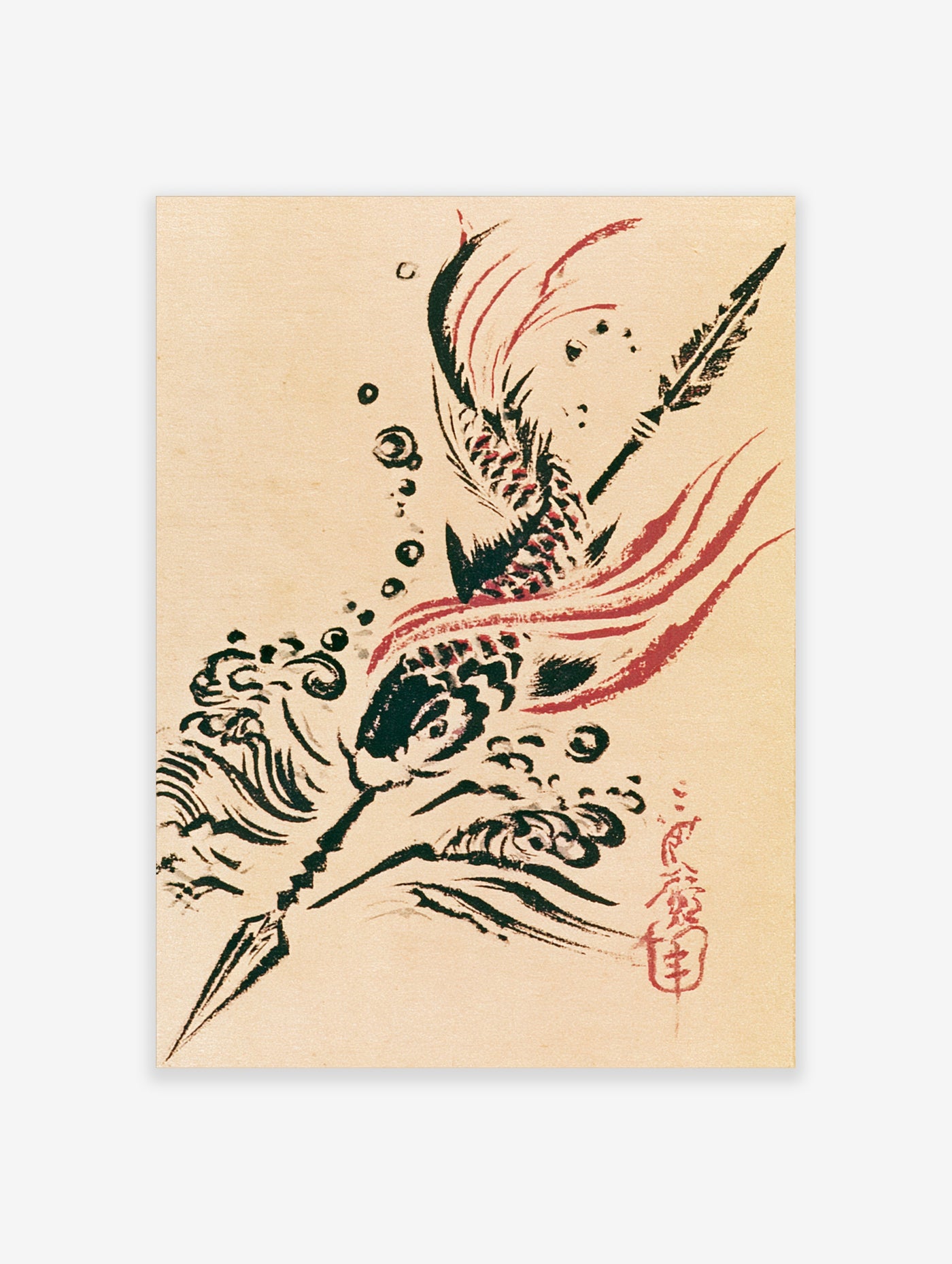 Dragon and tiger in black and red ink with spear and red seal, Japanese-style art print on beige background