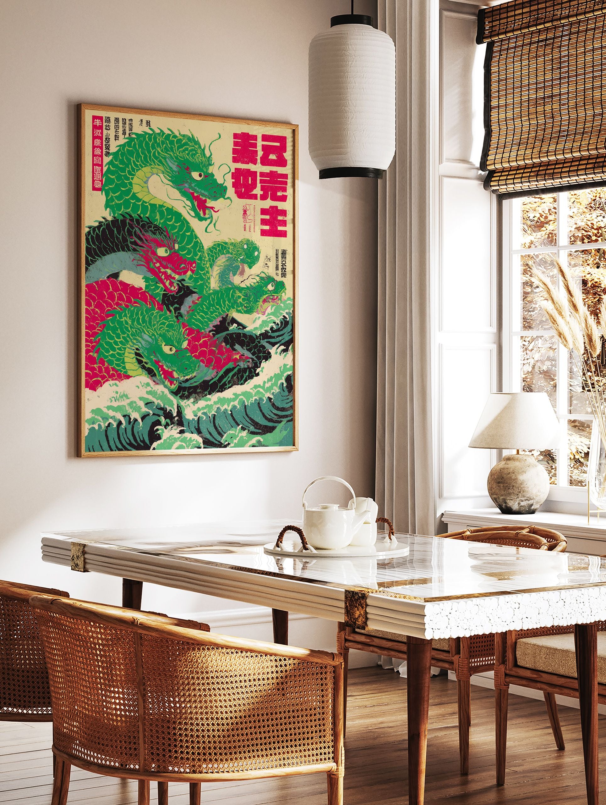 Japanese Dragon Poster with multiple green and red dragons rising from turbulent green and black waves against a light yellow background. - Image 2