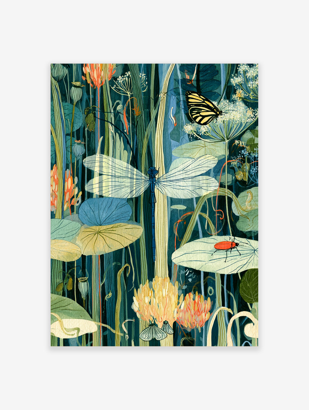 Blue dragonfly and yellow butterfly among reeds and lily pads in a botanical pond illustration