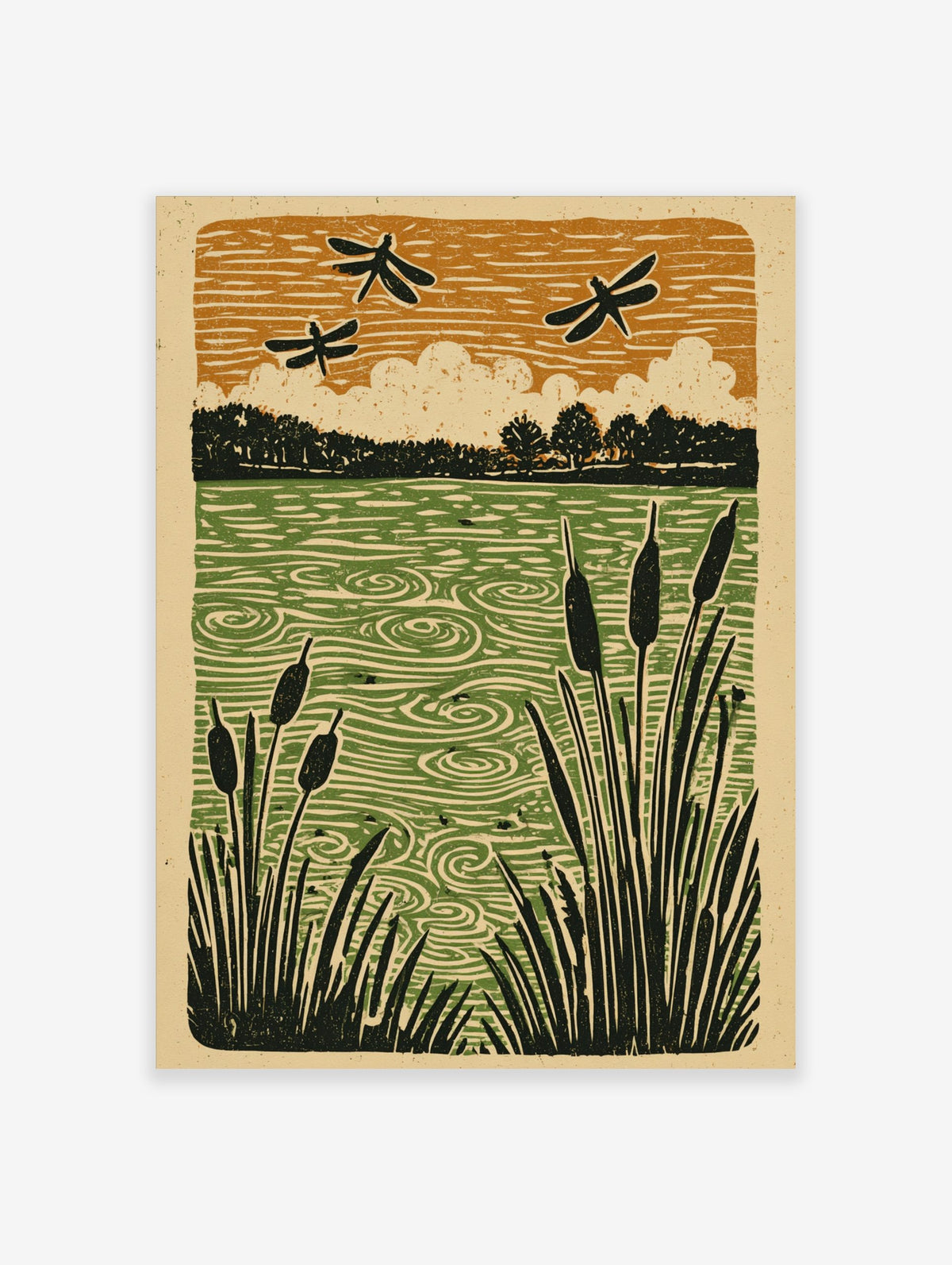Rustic linocut-style print of dragonflies above a green pond with cattails and trees
