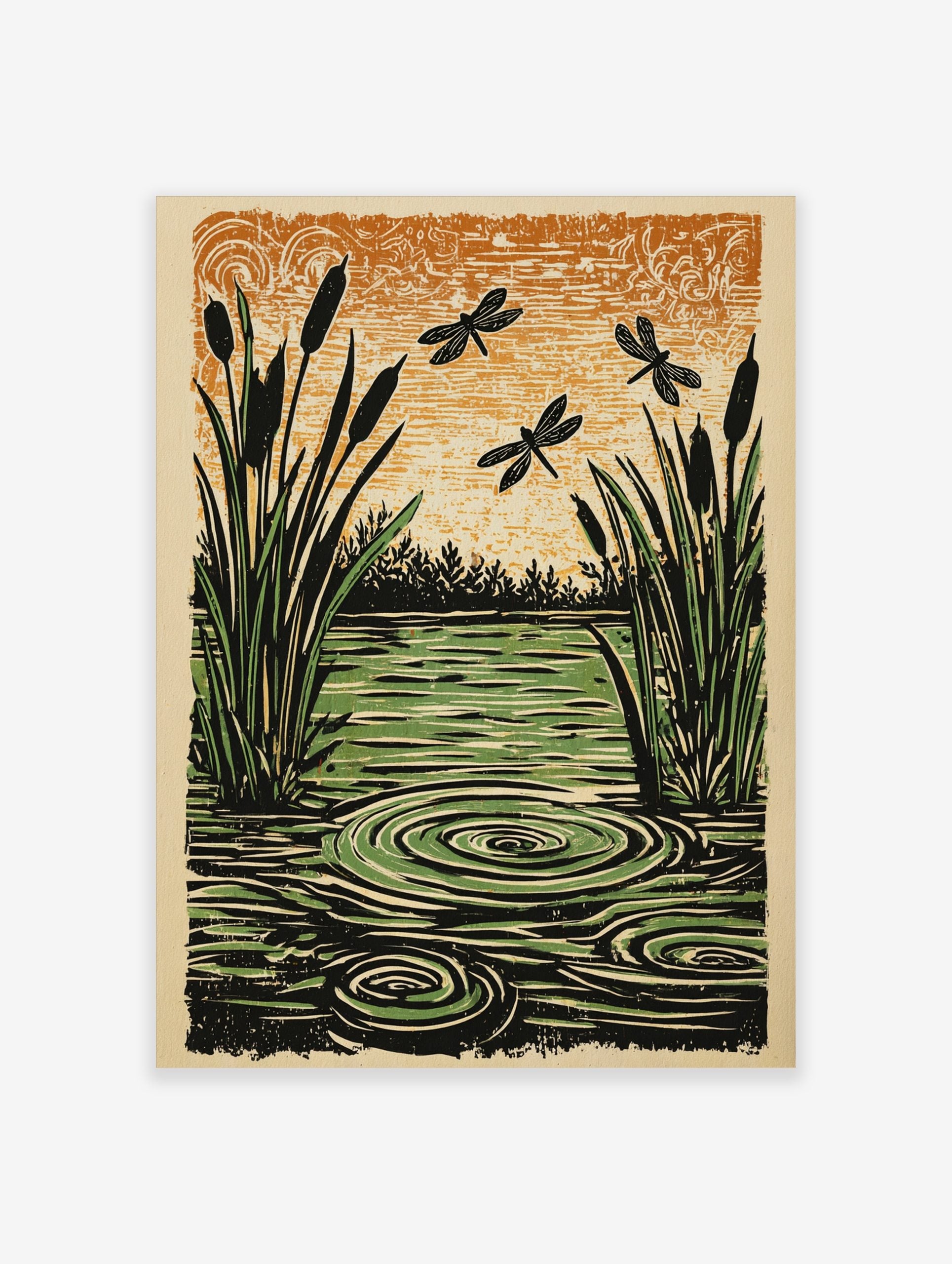 Illustrative woodcut style print of cattails, green water with ripples, and three dragonflies against an orange sky